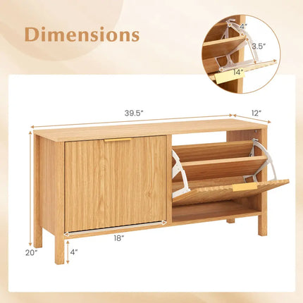 Shoe Storage Bench Narrow Wooden Entryway Bench with 2 Flip Drawers-Brown - Brown - Shoe Racks & Storage Benches