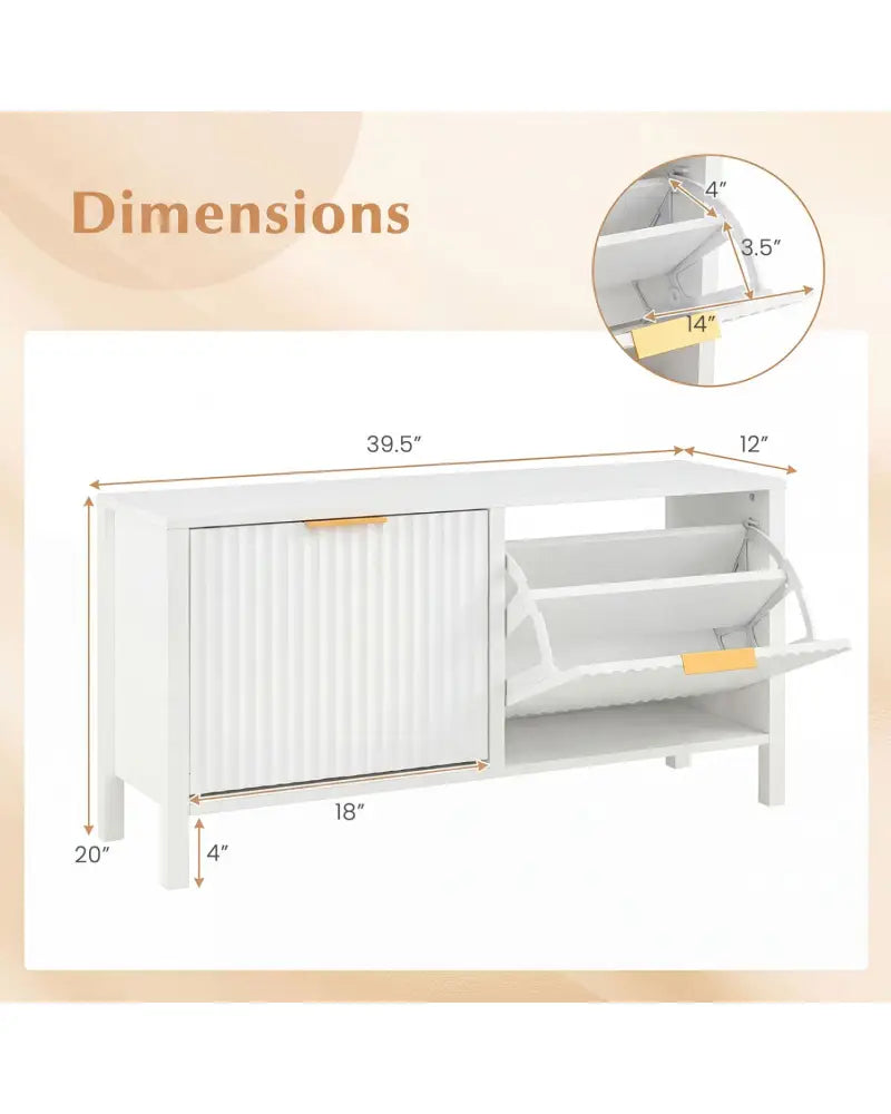 Shoe Storage Bench Narrow Wooden Entryway Bench with 2 Flip Drawers-White - White - Shoe Racks & Storage Benches