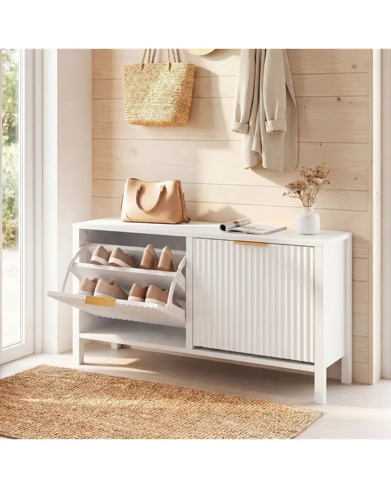Shoe Storage Bench Narrow Wooden Entryway Bench with 2 Flip Drawers-White - White - Shoe Racks & Storage Benches
