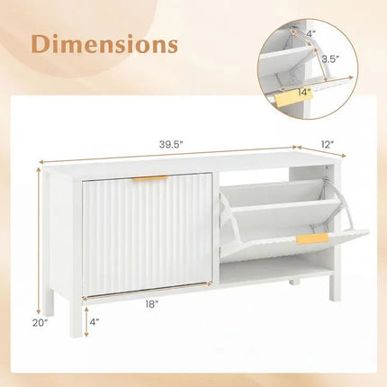 Shoe Storage Bench Narrow Wooden Entryway Bench with 2 Flip Drawers-White - White - Shoe Racks & Storage Benches