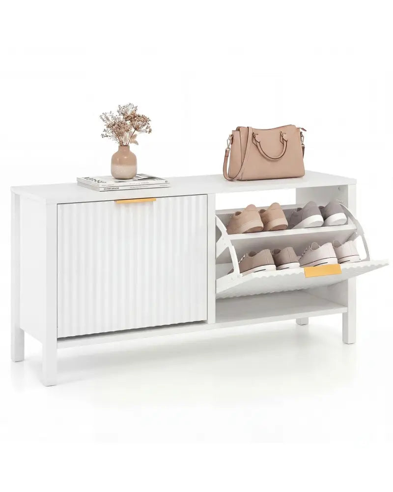 Shoe Storage Bench Narrow Wooden Entryway Bench with 2 Flip Drawers-White - White - Shoe Racks & Storage Benches