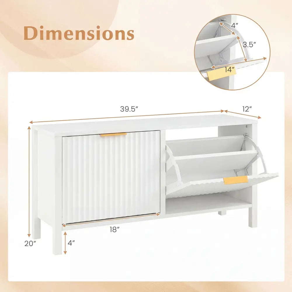 Shoe Storage Bench Narrow Wooden Entryway Bench with 2 Flip Drawers-White - White - Shoe Racks & Storage Benches