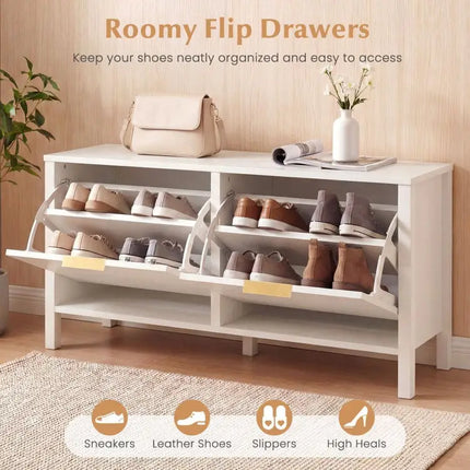 Shoe Storage Bench Narrow Wooden Entryway Bench with 2 Flip Drawers-White - White - Shoe Racks & Storage Benches
