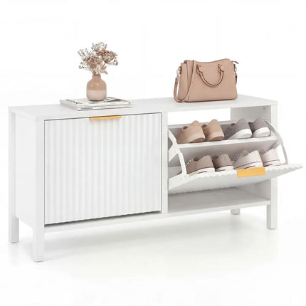Shoe Storage Bench Narrow Wooden Entryway Bench with 2 Flip Drawers-White - White - Shoe Racks & Storage Benches