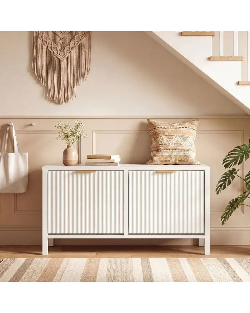 Shoe Storage Bench Narrow Wooden Entryway Bench with 2 Flip Drawers-White - White - Shoe Racks & Storage Benches