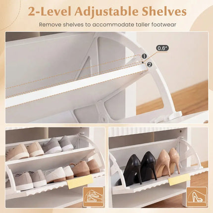 Shoe Storage Bench Narrow Wooden Entryway Bench with 2 Flip Drawers-White - White - Shoe Racks & Storage Benches