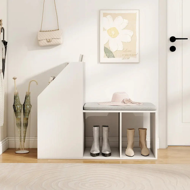 Shoe Storage Bench with Removable Seat Cushion and 6 Storage Compartments-White - White - Shoe Racks & Storage Benches