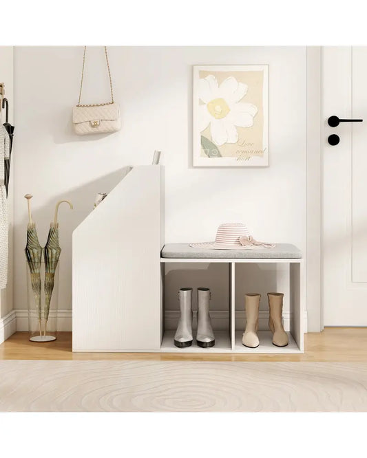 Shoe Storage Bench with Removable Seat Cushion and 6 Storage Compartments-White - White - Shoe Racks & Storage Benches