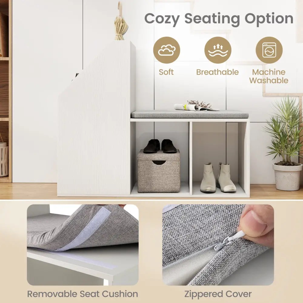 Shoe Storage Bench with Removable Seat Cushion and 6 Storage Compartments-White - White - Shoe Racks & Storage Benches