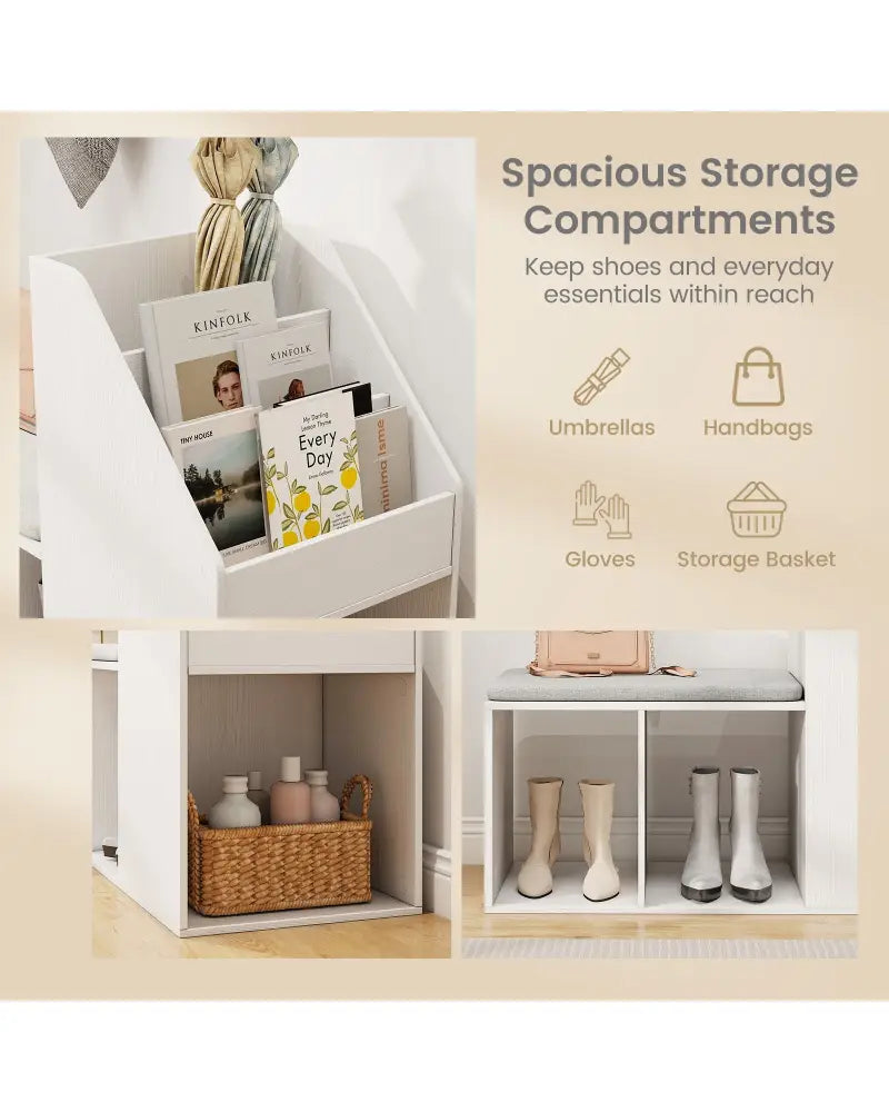 Shoe Storage Bench with Removable Seat Cushion and 6 Storage Compartments-White - White - Shoe Racks & Storage Benches