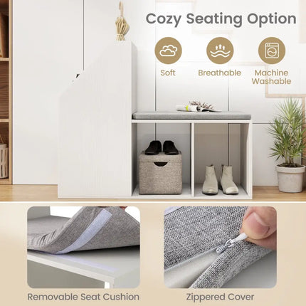 Shoe Storage Bench with Removable Seat Cushion and 6 Storage Compartments-White - White - Shoe Racks & Storage Benches