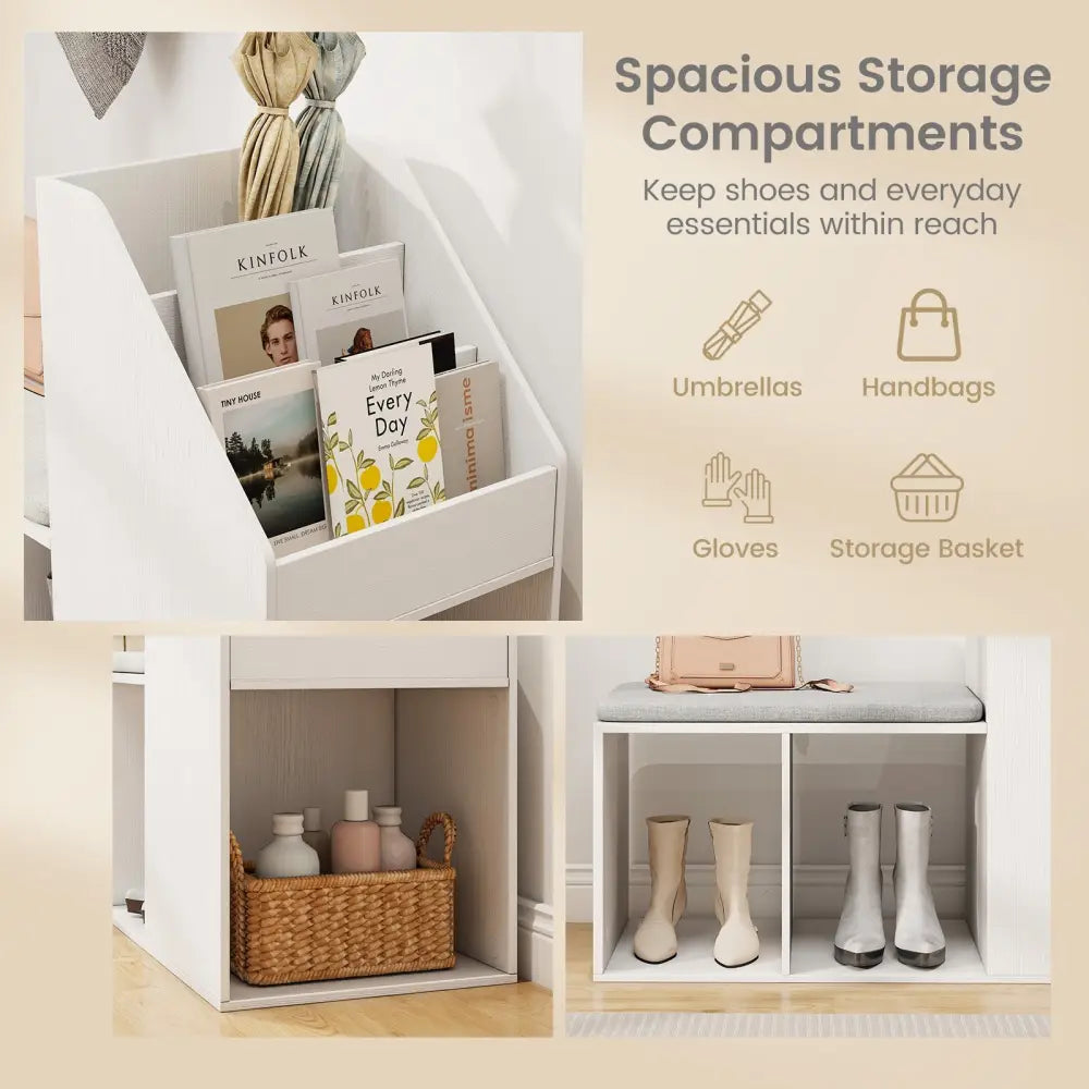 Shoe Storage Bench with Removable Seat Cushion and 6 Storage Compartments-White - White - Shoe Racks & Storage Benches
