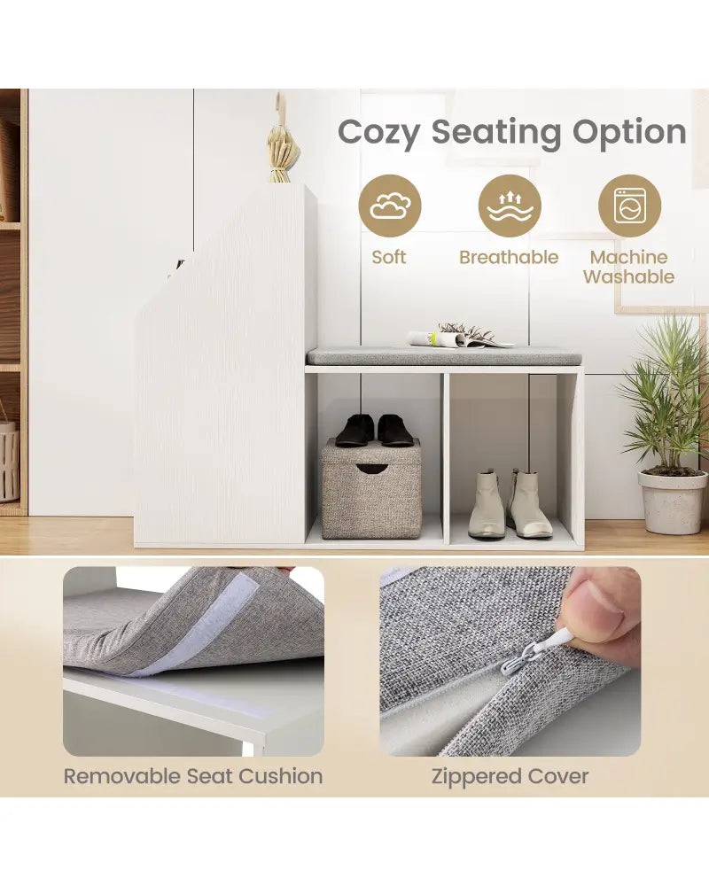 Shoe Storage Bench with Removable Seat Cushion and 6 Storage Compartments-White - White - Shoe Racks & Storage Benches