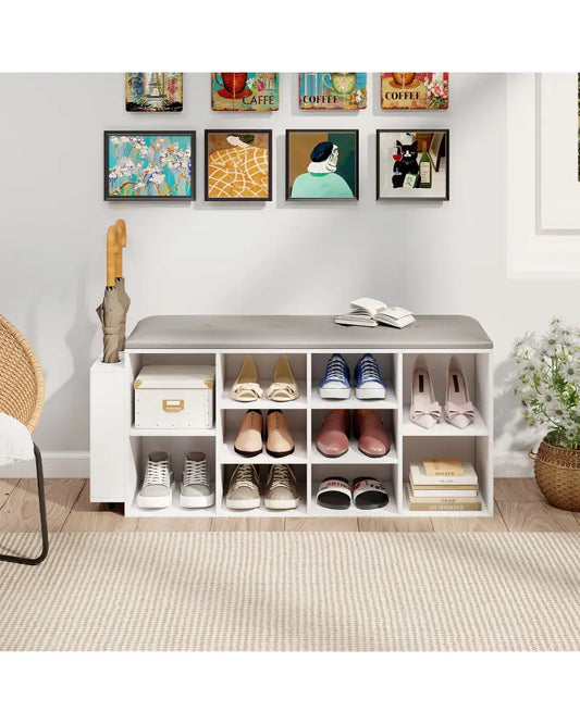 Shoe Storage Bench with Umbrella Stand and Adjustable Shelf-White - White - Shoe Racks & Storage Benches