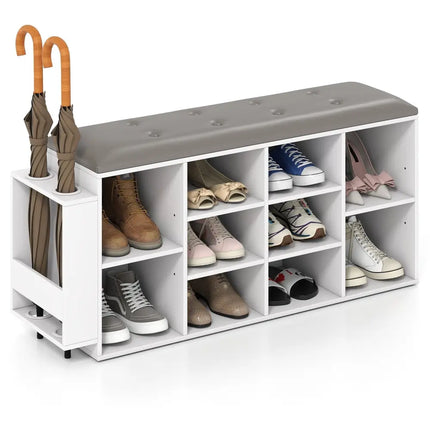 Shoe Storage Bench with Umbrella Stand and Adjustable Shelf-White - White - Shoe Racks & Storage Benches
