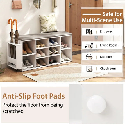 Shoe Storage Bench with Umbrella Stand and Adjustable Shelf-White - White - Shoe Racks & Storage Benches