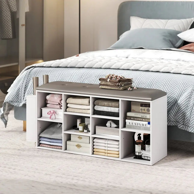 Shoe Storage Bench with Umbrella Stand and Adjustable Shelf-White - White - Shoe Racks & Storage Benches