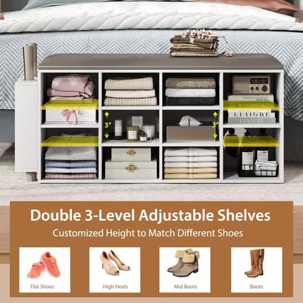 Shoe Storage Bench with Umbrella Stand and Adjustable Shelf-White - White - Shoe Racks & Storage Benches