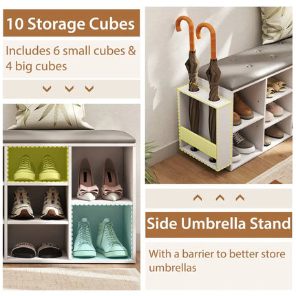 Shoe Storage Bench with Umbrella Stand and Adjustable Shelf-White - White - Shoe Racks & Storage Benches
