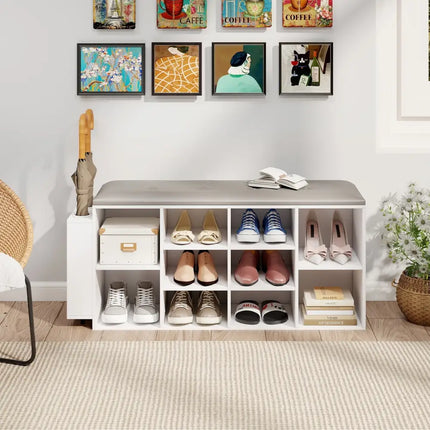 Shoe Storage Bench with Umbrella Stand and Adjustable Shelf-White - White - Shoe Racks & Storage Benches