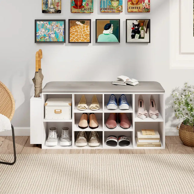 Shoe Storage Bench with Umbrella Stand and Adjustable Shelf-White - White - Shoe Racks & Storage Benches