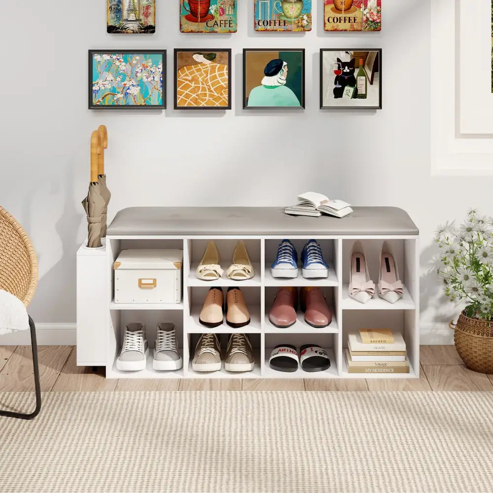 Shoe Storage Bench with Umbrella Stand and Adjustable Shelf-White - White - Shoe Racks & Storage Benches