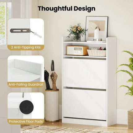 Shoe Storage Cabinet Hidden Shoe Rack with 2 Flip Drawers Adjustable and Removable Shelves-White - White - Shoe Racks &