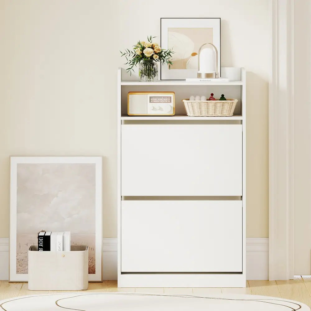 Shoe Storage Cabinet Hidden Shoe Rack with 2 Flip Drawers Adjustable and Removable Shelves-White - White - Shoe Racks &