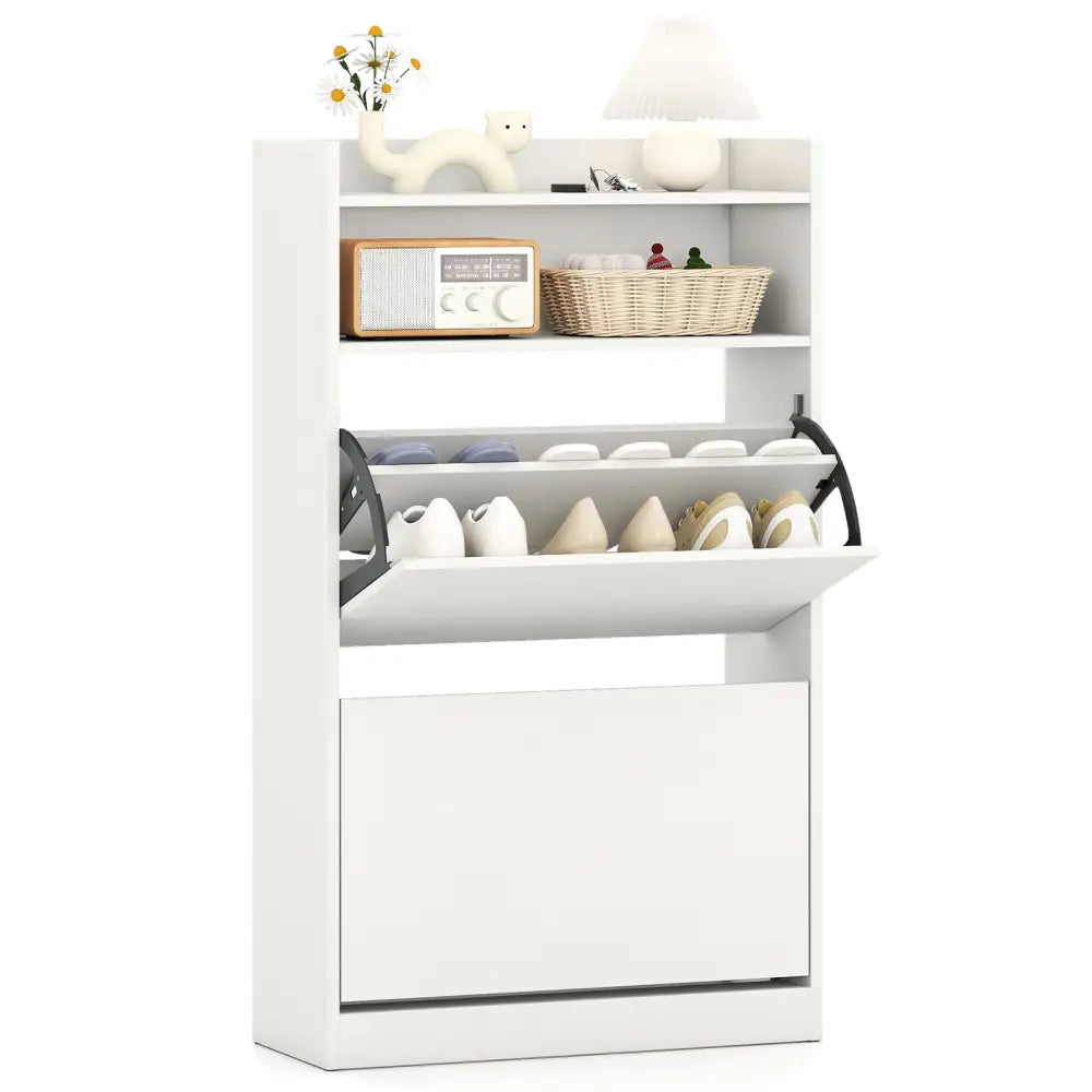 Shoe Storage Cabinet Hidden Shoe Rack with 2 Flip Drawers Adjustable and Removable Shelves-White - White - Shoe Racks &