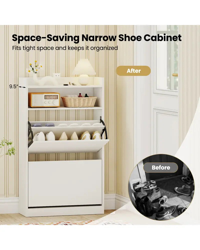 Shoe Storage Cabinet Hidden Shoe Rack with 2 Flip Drawers Adjustable and Removable Shelves-White - White - Shoe Racks &