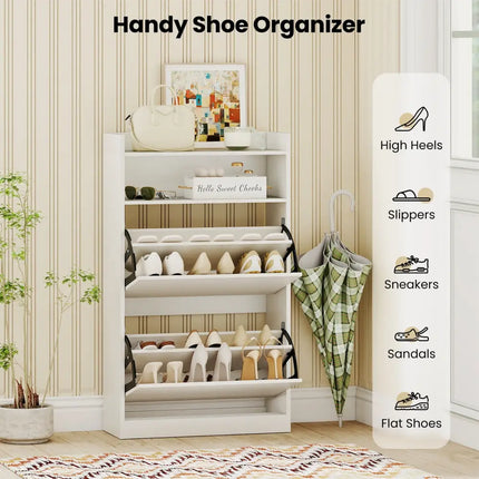 Shoe Storage Cabinet Hidden Shoe Rack with 2 Flip Drawers Adjustable and Removable Shelves-White - White - Shoe Racks &