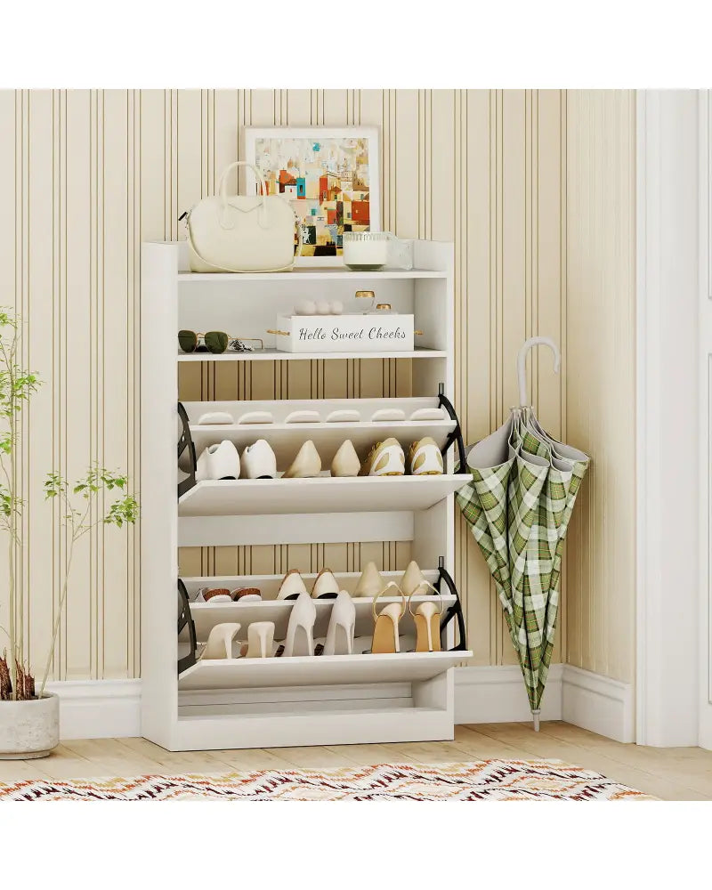 Shoe Storage Cabinet Hidden Shoe Rack with 2 Flip Drawers Adjustable and Removable Shelves-White - White - Shoe Racks &