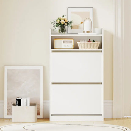 Shoe Storage Cabinet Hidden Shoe Rack with 2 Flip Drawers Adjustable and Removable Shelves-White - White - Shoe Racks &