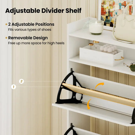 Shoe Storage Cabinet Hidden Shoe Rack with 2 Flip Drawers Adjustable and Removable Shelves-White - White - Shoe Racks &