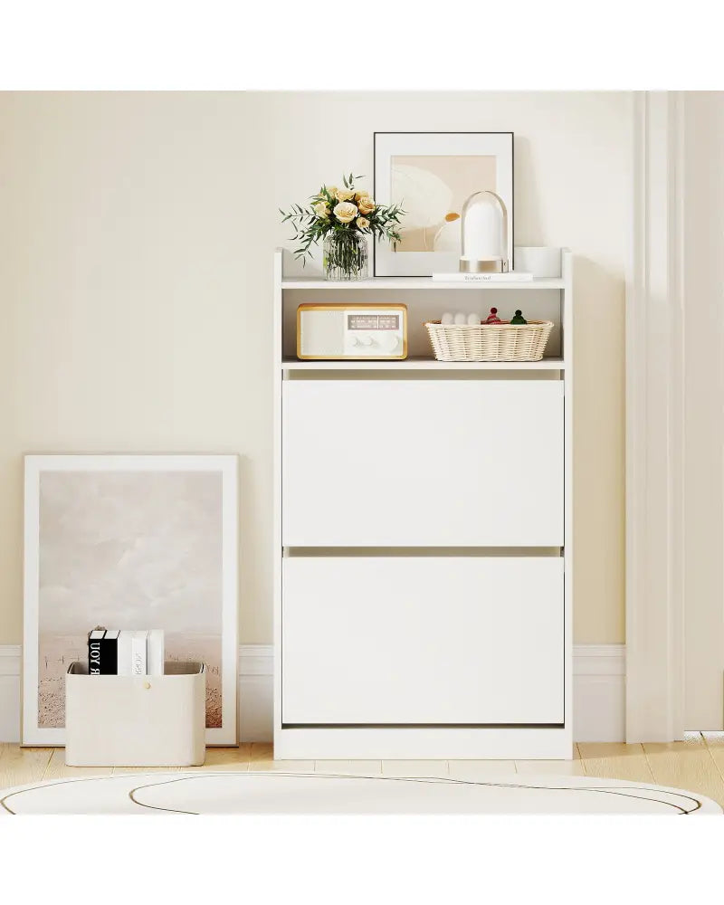 Shoe Storage Cabinet Hidden Shoe Rack with 2 Flip Drawers Adjustable and Removable Shelves-White - White - Shoe Racks &