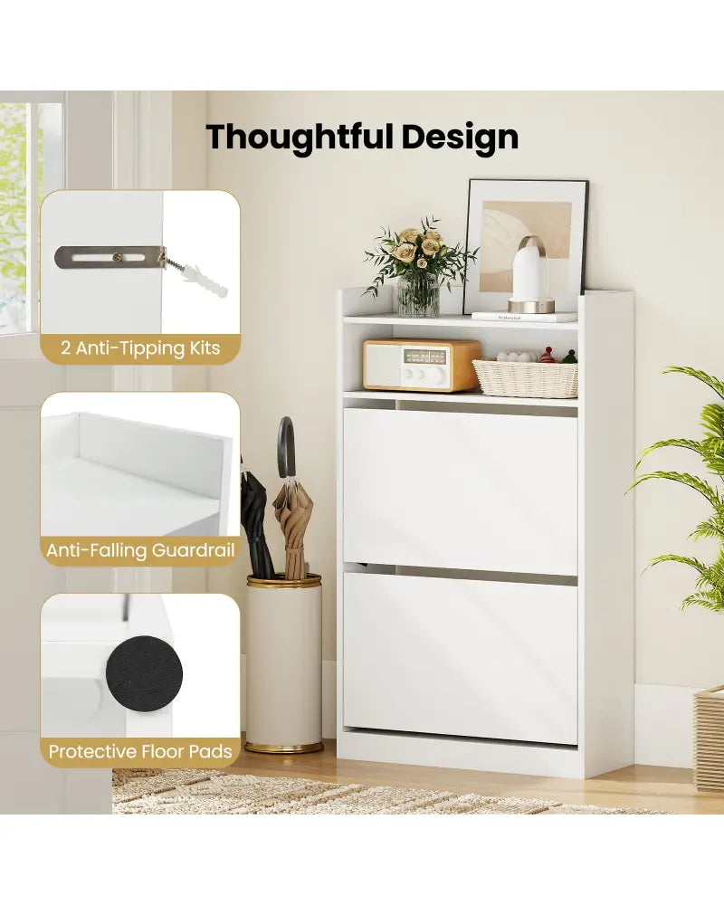 Shoe Storage Cabinet Hidden Shoe Rack with 2 Flip Drawers Adjustable and Removable Shelves-White - White - Shoe Racks &