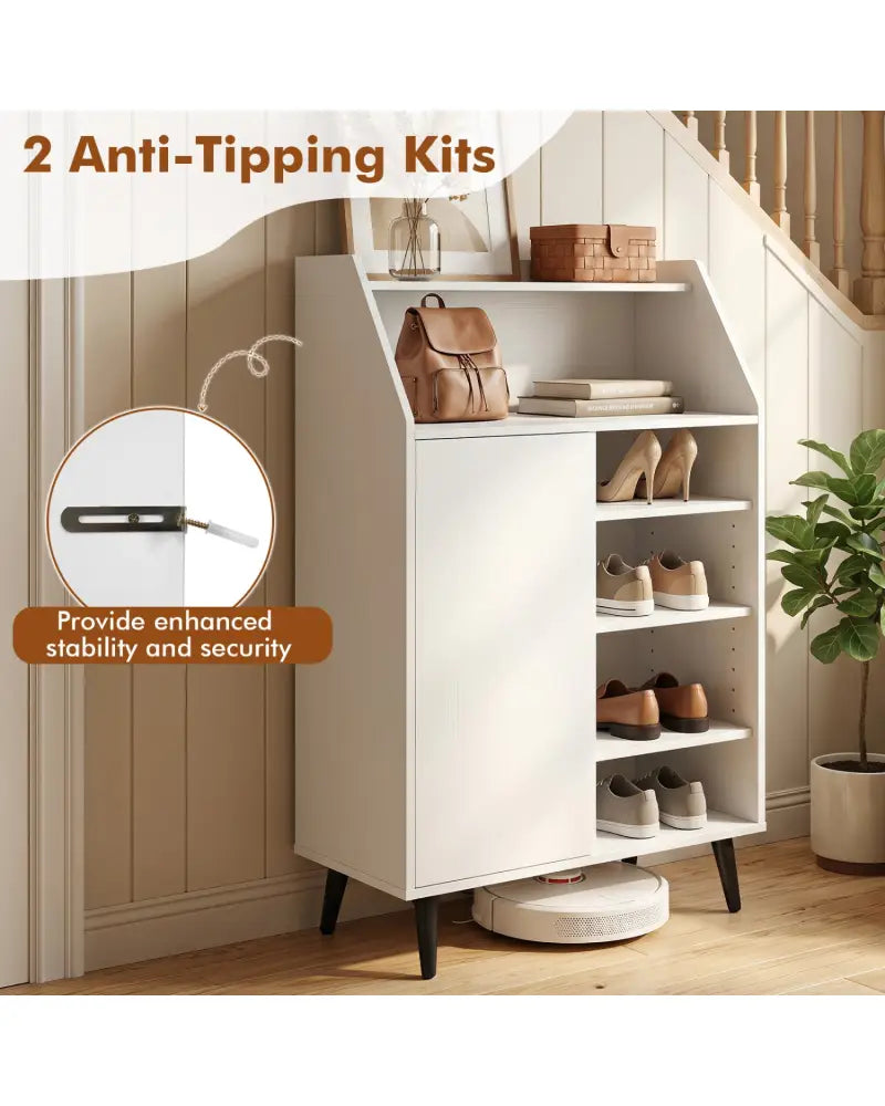 Shoe Storage Cabinet with 2-Tier Open Compartment and 4-Tier Adjustable Shelf-White - White - Shoe Racks & Storage