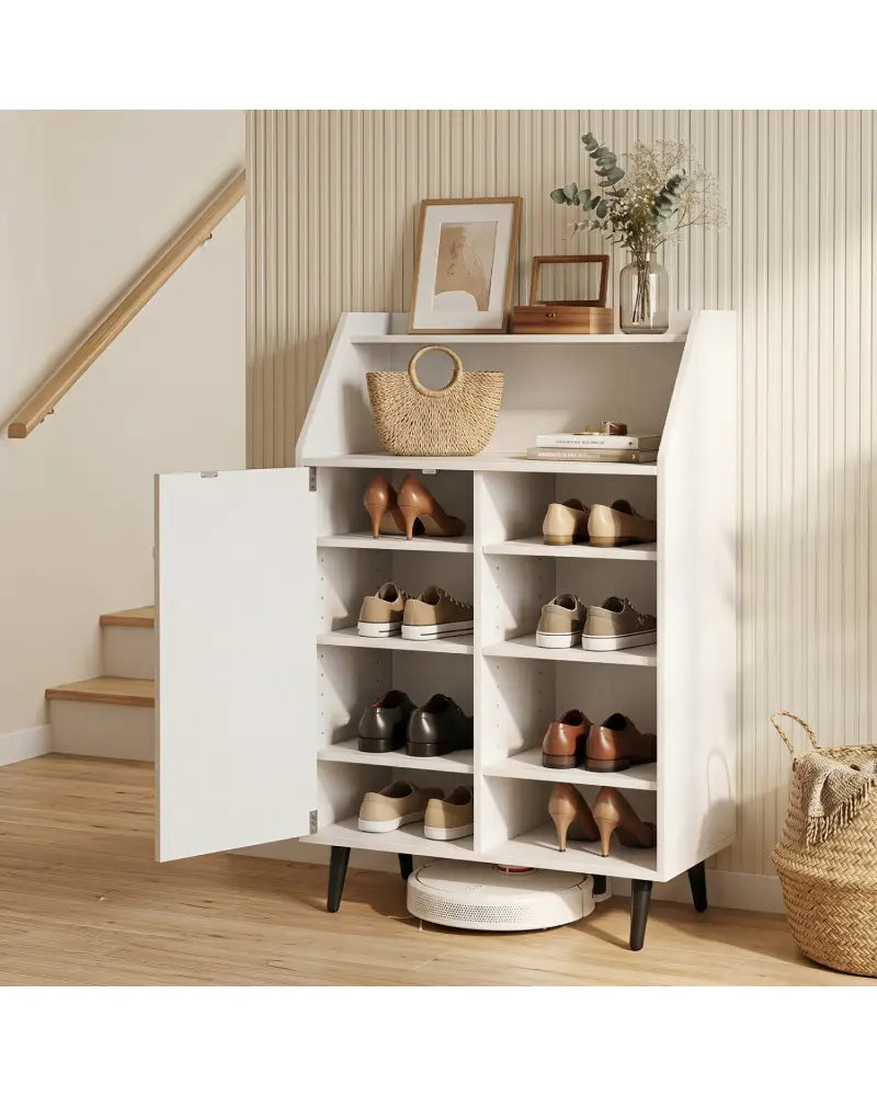 Shoe Storage Cabinet with 2-Tier Open Compartment and 4-Tier Adjustable Shelf-White - White - Shoe Racks & Storage