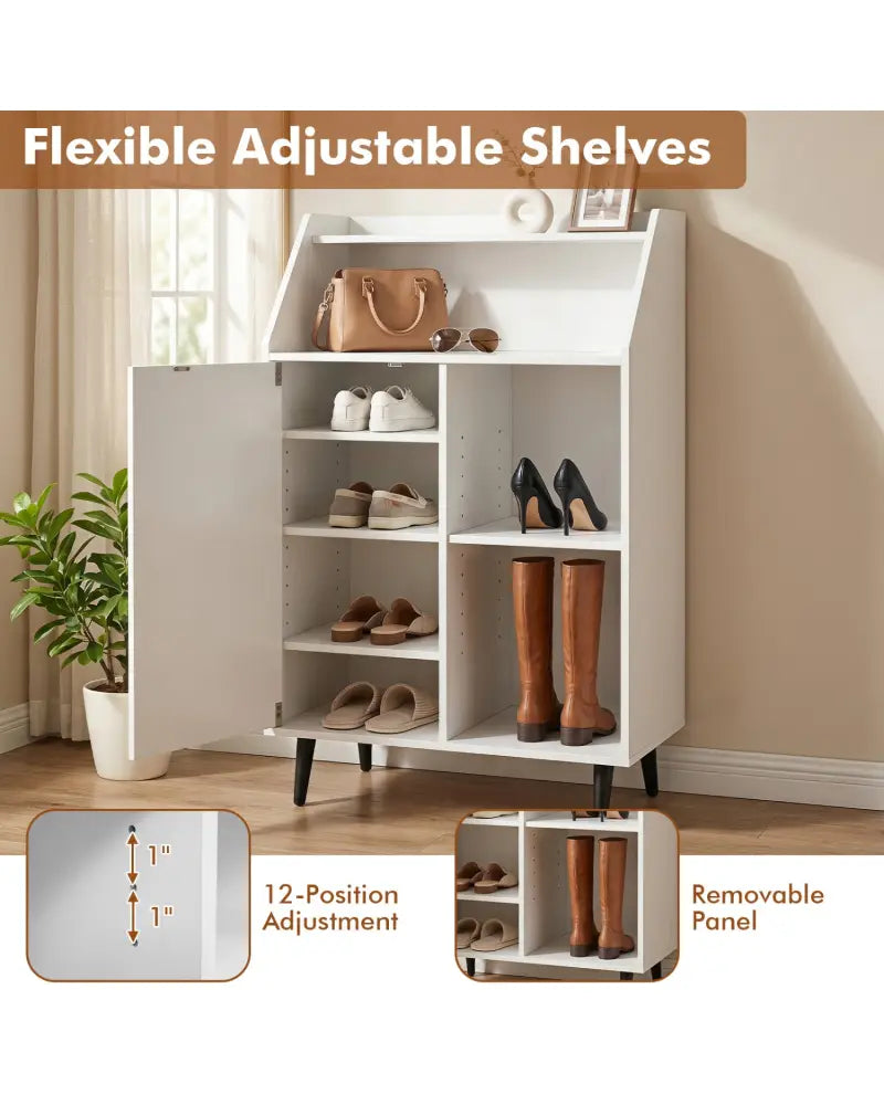 Shoe Storage Cabinet with 2-Tier Open Compartment and 4-Tier Adjustable Shelf-White - White - Shoe Racks & Storage