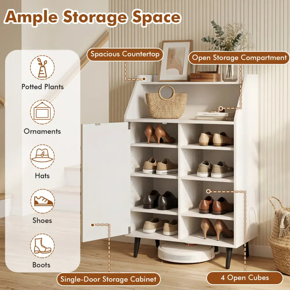 Shoe Storage Cabinet with 2-Tier Open Compartment and 4-Tier Adjustable Shelf-White - White - Shoe Racks & Storage