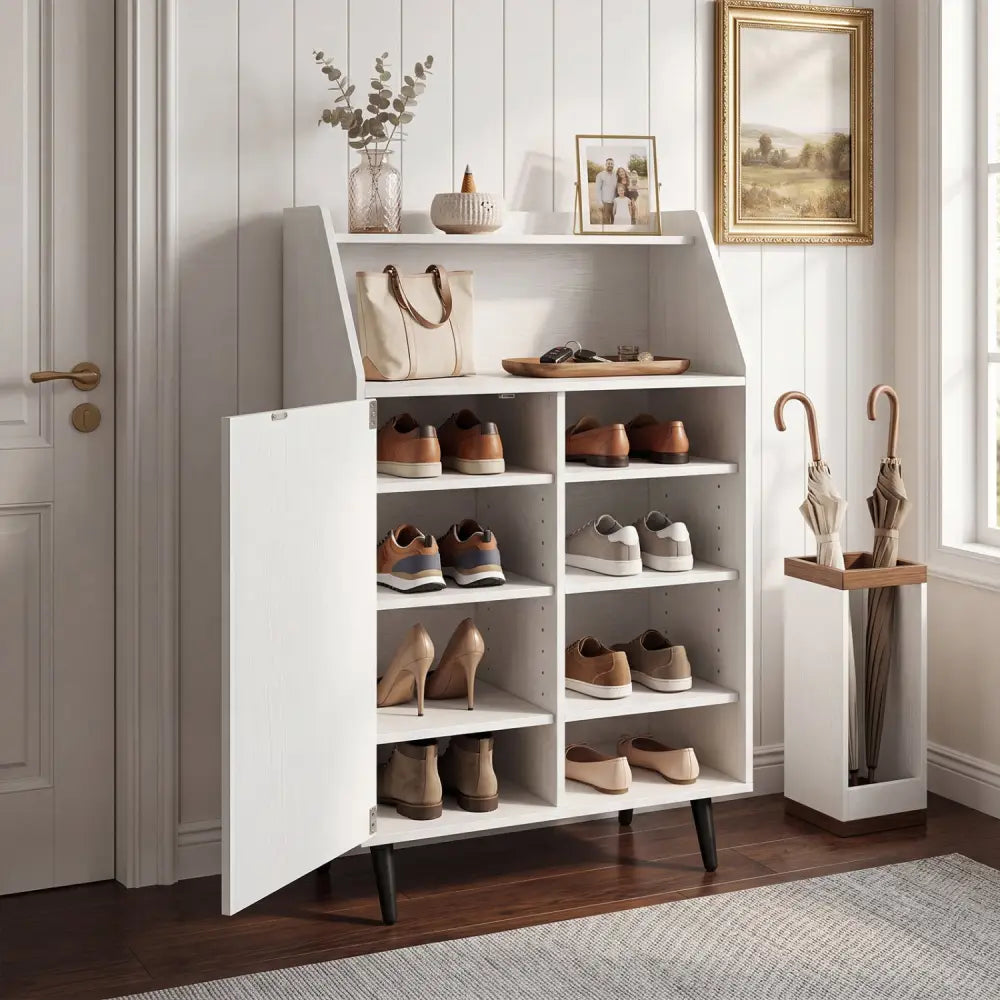 Shoe Storage Cabinet with 2-Tier Open Compartment and 4-Tier Adjustable Shelf-White - White - Shoe Racks & Storage