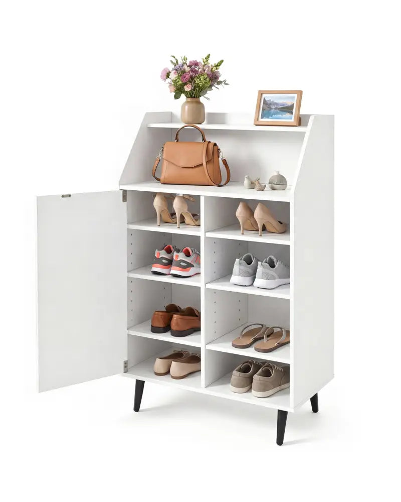 Shoe Storage Cabinet with 2-Tier Open Compartment and 4-Tier Adjustable Shelf-White - White - Shoe Racks & Storage