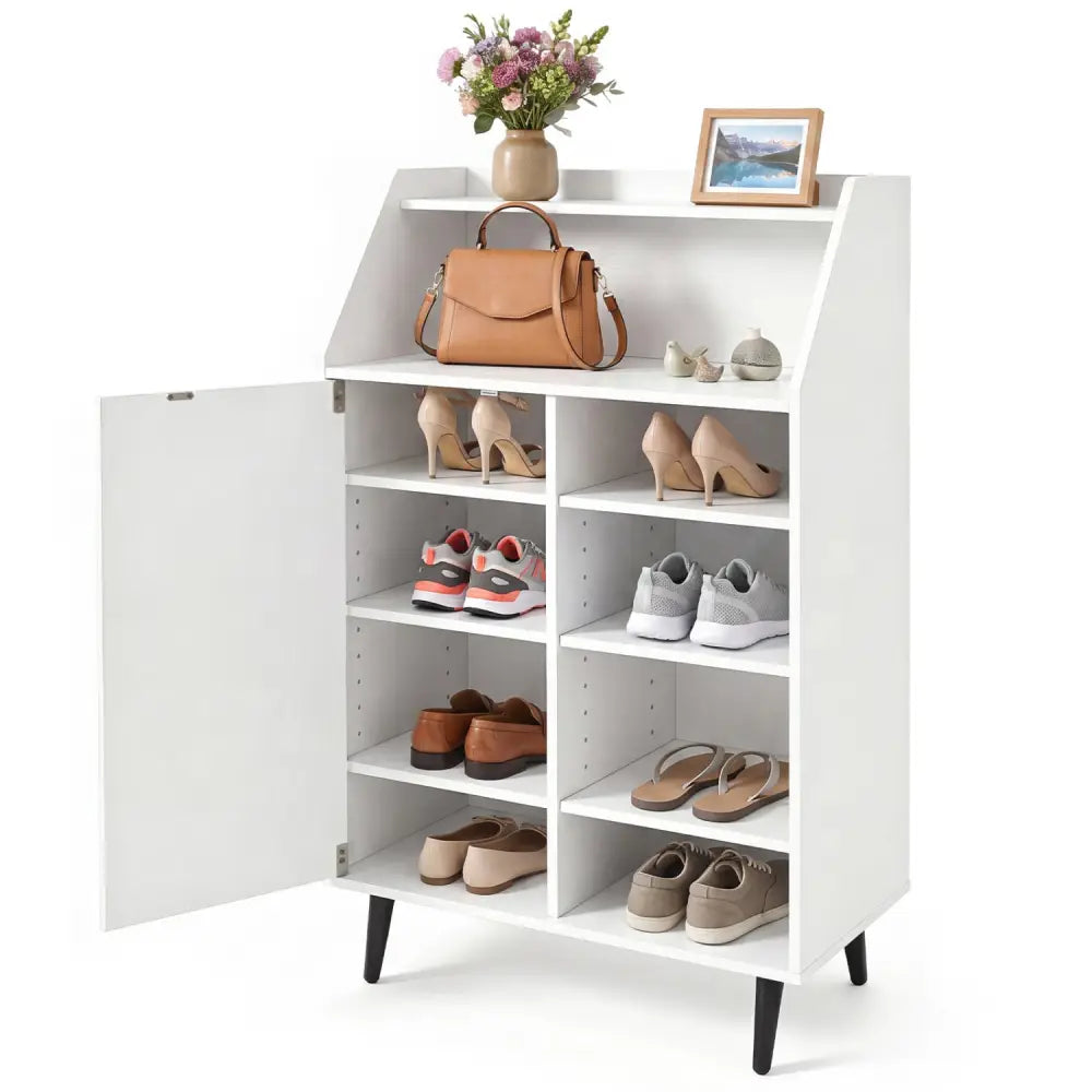 Shoe Storage Cabinet with 2-Tier Open Compartment and 4-Tier Adjustable Shelf-White - White - Shoe Racks & Storage