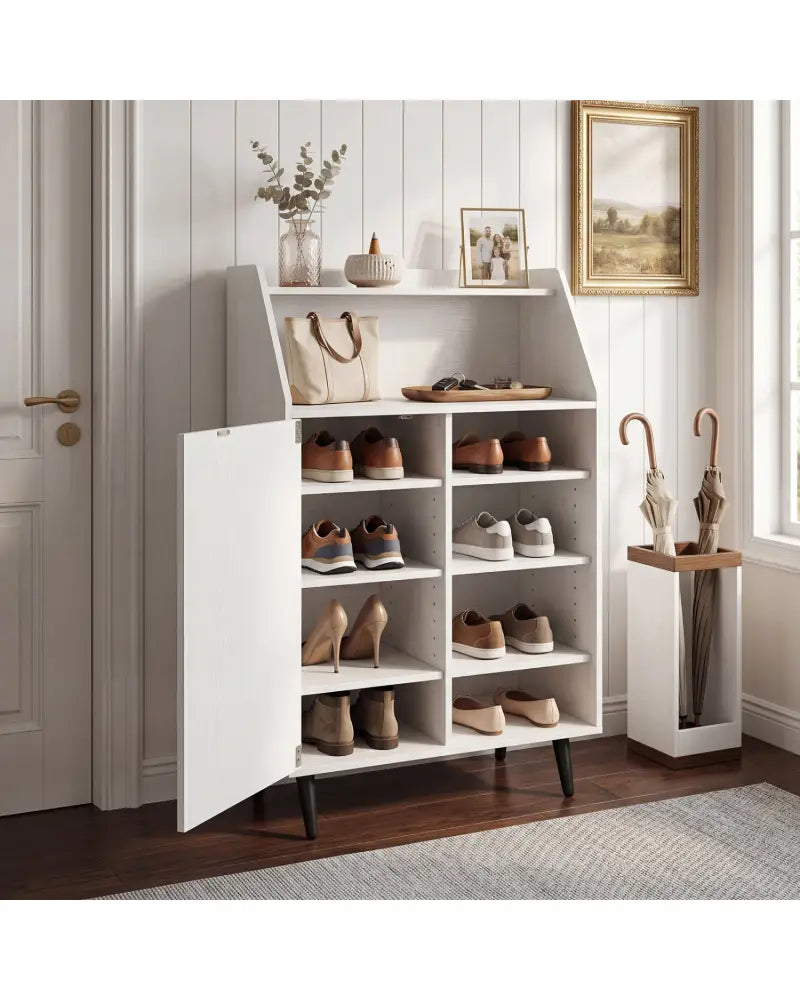 Shoe Storage Cabinet with 2-Tier Open Compartment and 4-Tier Adjustable Shelf-White - White - Shoe Racks & Storage