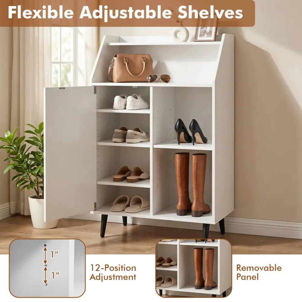 Shoe Storage Cabinet with 2-Tier Open Compartment and 4-Tier Adjustable Shelf-White - White - Shoe Racks & Storage