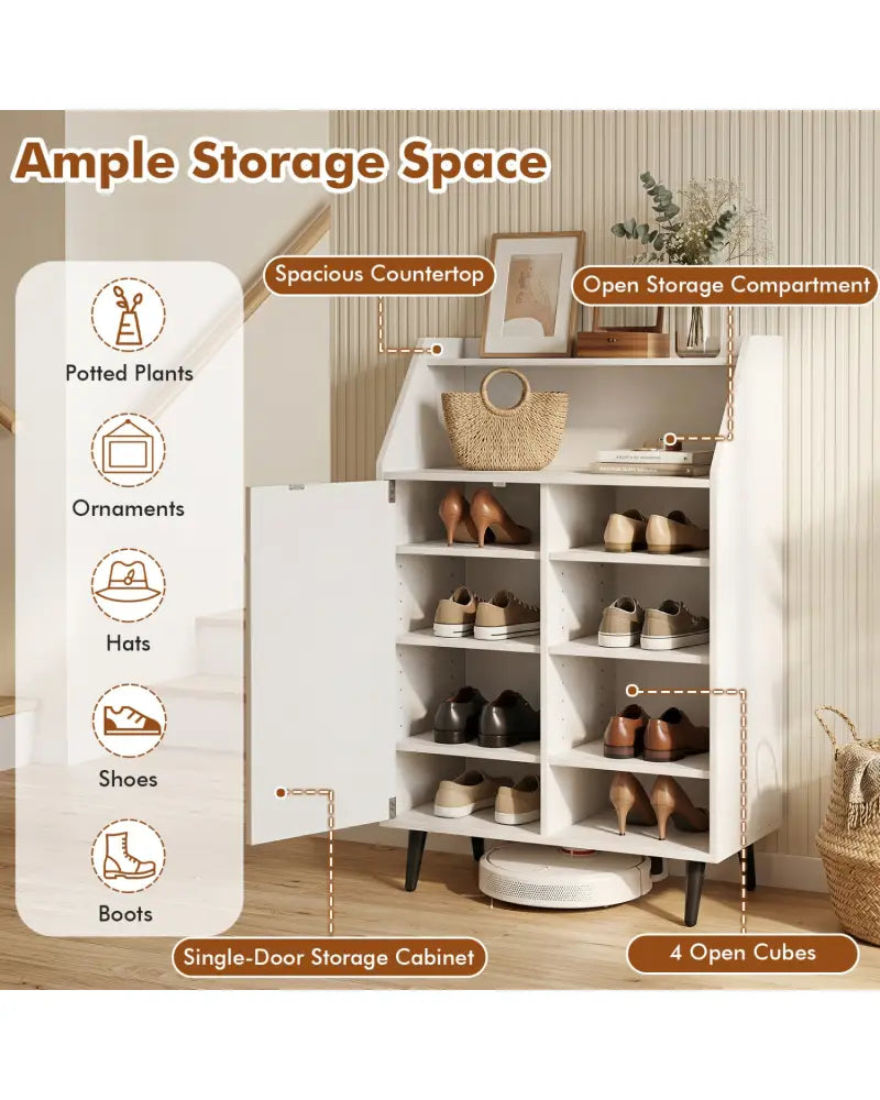 Shoe Storage Cabinet with 2-Tier Open Compartment and 4-Tier Adjustable Shelf-White - White - Shoe Racks & Storage
