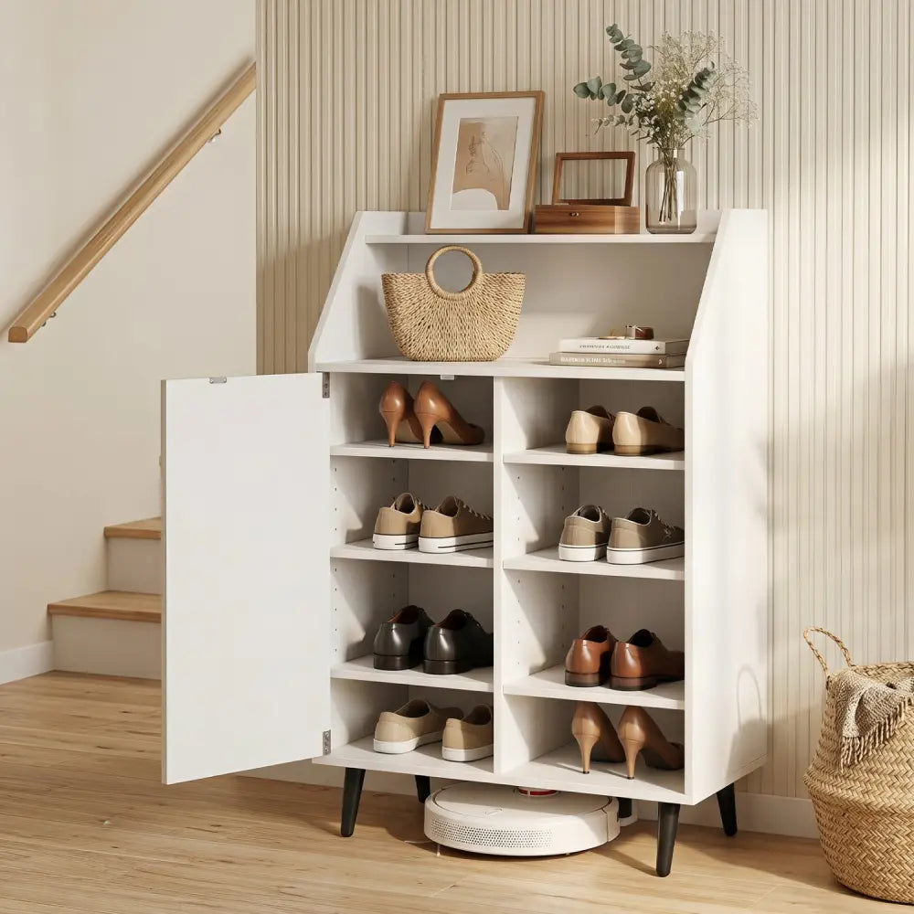 Shoe Storage Cabinet with 2-Tier Open Compartment and 4-Tier Adjustable Shelf-White - White - Shoe Racks & Storage