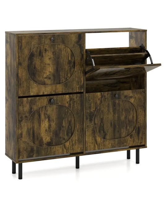 Shoe Storage Cabinet with 4 Flip Drawers and Aluminum Legs for Foyer and Hallway-Rustic Brown - Rustic Brown - Shoe