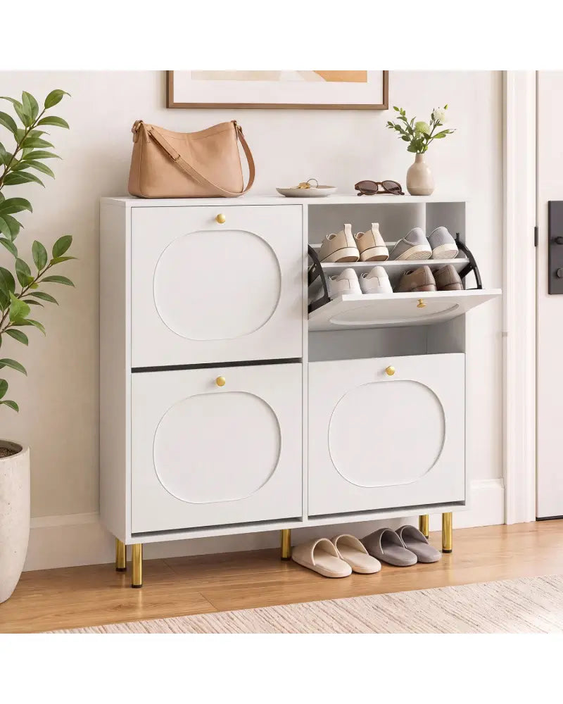 Shoe Storage Cabinet with 4 Flip Drawers and Aluminum Legs-White - White - Shoe Racks & Storage Benches