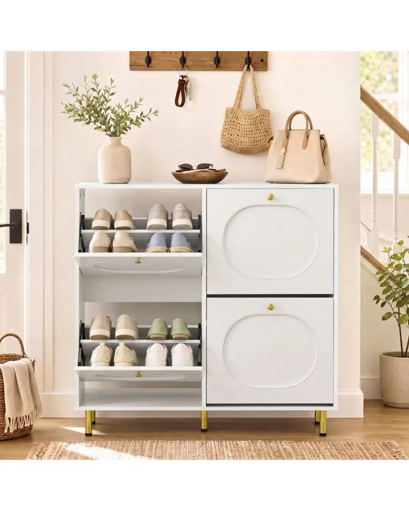 Shoe Storage Cabinet with 4 Flip Drawers and Aluminum Legs-White - White - Shoe Racks & Storage Benches